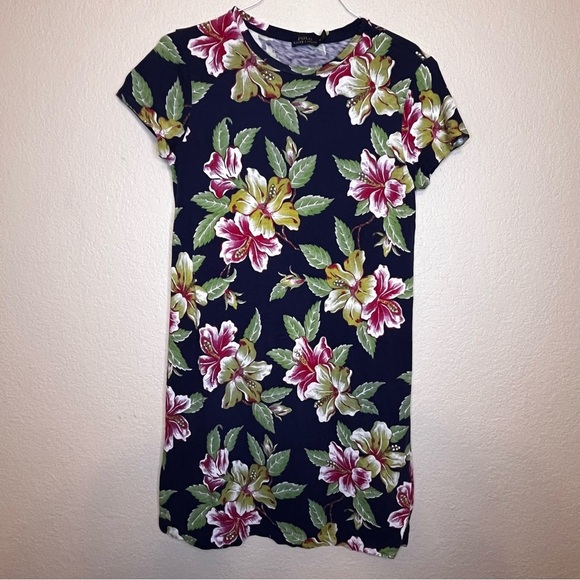 Polo Ralph Lauren Blue Label Floral Print Navy T-shirt Dress Size Medium - Picture 1 of 15